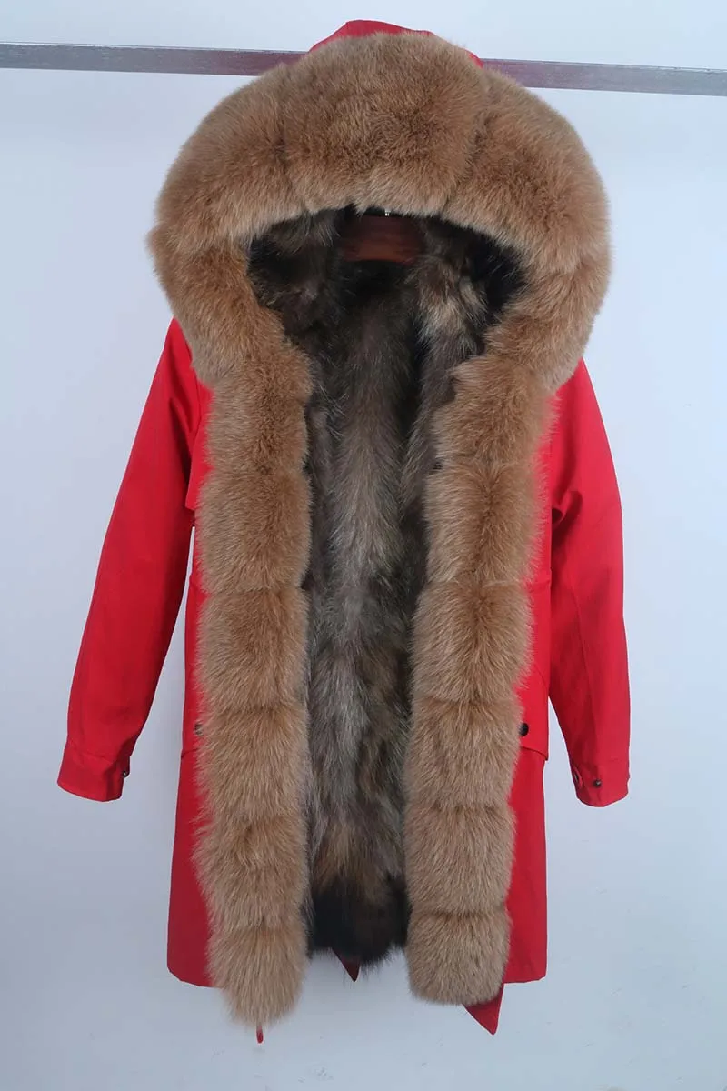 Красная водонепроницаемая парка, пальто с натуральным мехом, зимняя куртка для женщин, Воротник из лисьего меха, подкладка из натурального меха енота, теплая Толстая Уличная верхняя одежда