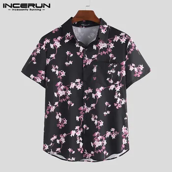 

INCERUN Summer Fashion Shirt Men Casual Short Sleeve Slim Blouse Lapel Streetwear Floral Printed Beach Hawaiian Shirts Men S-3XL