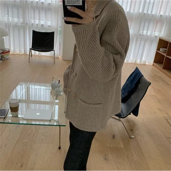 

2020 Autumn Winter Women's Sweaters Double Breast Knitted Turn-down Collar Button Cardigans Pockets Knitwears