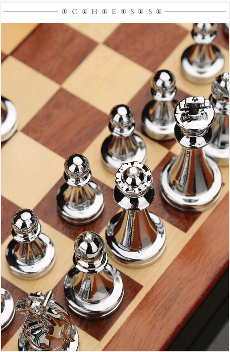 Gold Silver Luxury Zinc Alloy Chess Figures 30*30*2.8cm Wooden Chess Set Folding Retro Home Chess Decoration Set Chessboard Game