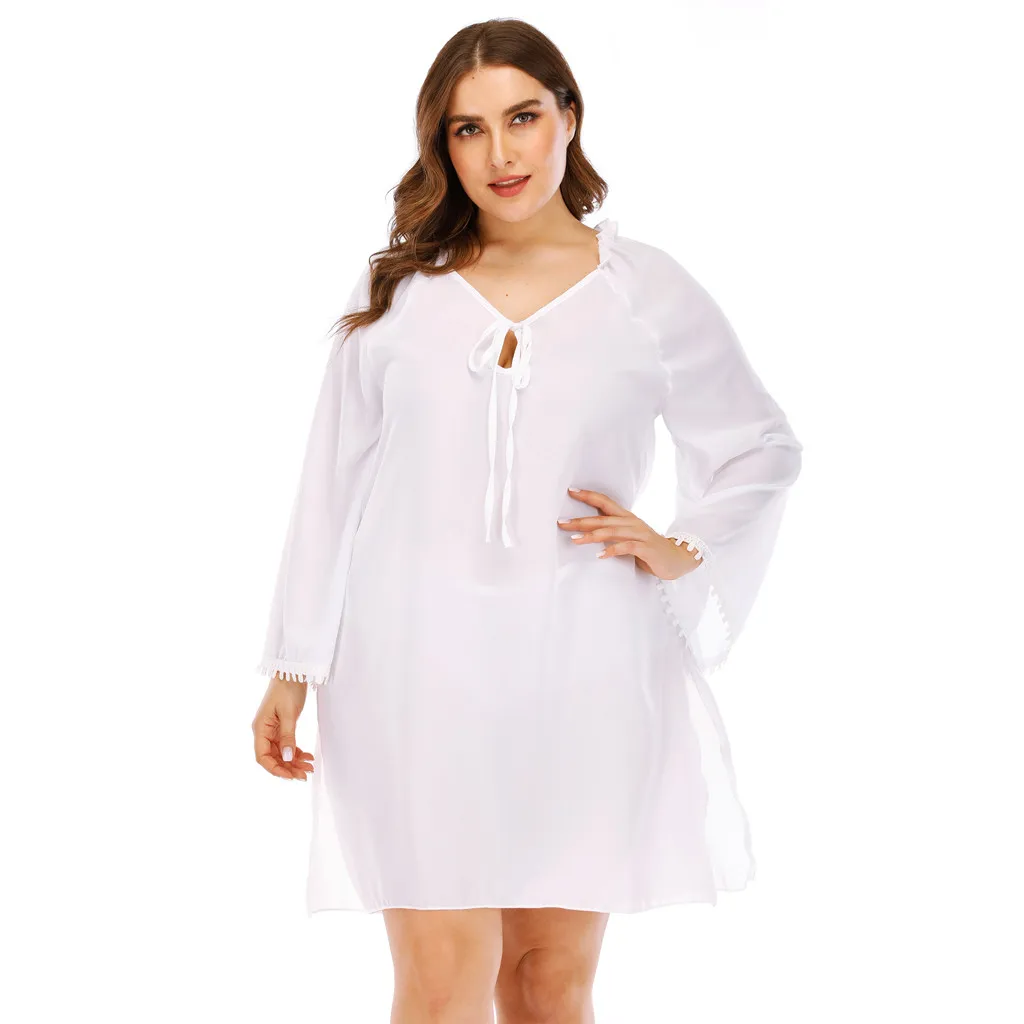 Plus Size White Dress Women Casual Loose V Neck Long Sleeve Backless