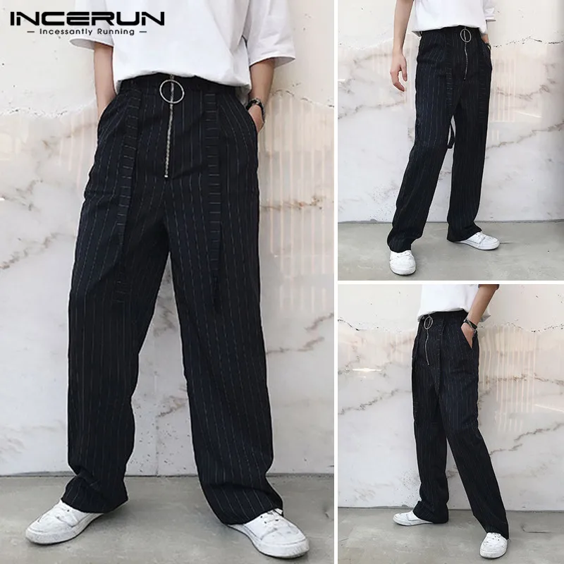 

Men Striped Pants Vintage Zipper Man Chic Loose Joggers Straight Trousers With Belt Long Pants Casual Streetwear Bottoms S-5XL