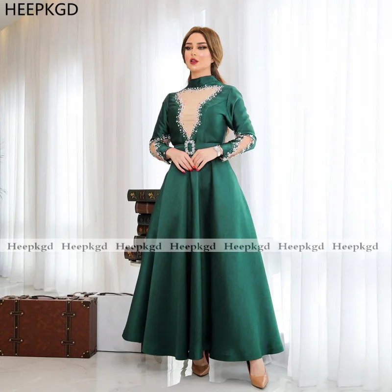 Robe de soirée arabe verte à manches longues pour femmes, tenue de soirée  de grande taille avec découpe en cristal - AliExpress