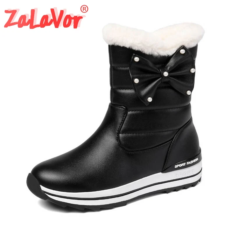 

ZALAVOR Women Bowknot Thick Bottom Warm Winter Boots Flats Fur Snow Boots Daily Outdoor Casual Ankle Boots Footwear Size 31-42