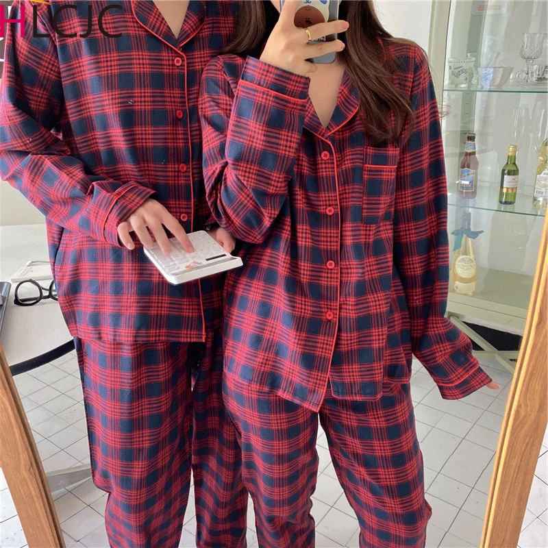 Pyjama Homme Coton en Coton à Manches Longues Vêtements De Nuit Haut Et Pantalon Plaid Automne et Hiver à Carreaux Ensemble de Pyjama