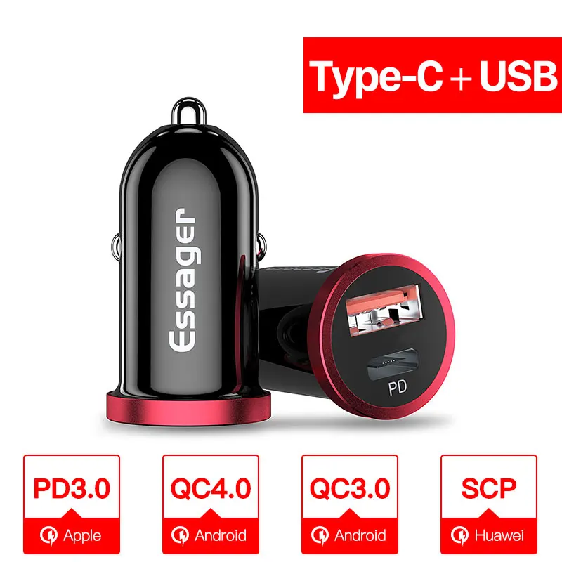 Essager Quick Charge 4,0 3,0 USB Автомобильное зарядное устройство для iPhone Xiaomi samsung QC4.0 QC3.0 QC type C PD быстрая зарядка автомобильное зарядное устройство для телефона - Тип штекера: Type C USB Black