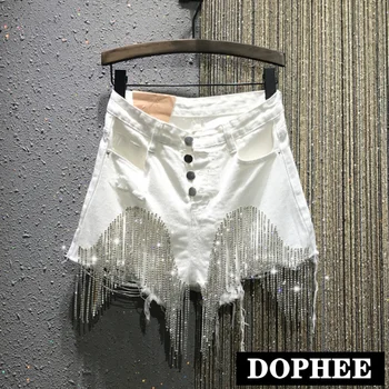 

White Jeans Woman 2020 Summer Single-Breasted High Waist Rhinestone Tassel Chain Denim Shorts Students Hole Shorts