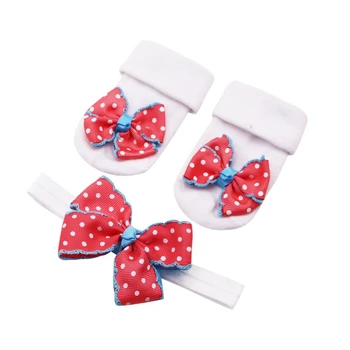 

Cotton Print 0-12M Multi-Color Lovely Newborn Baby Cute Cartoon Bowknot Design Cotton Socks With Hairband Photography Props Set