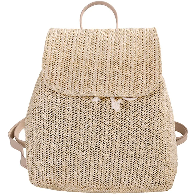 Mochila tejida de paja a la moda, bolso de hombro para mujer, mochila de verano para niña, bolsa de viaje para mujer, mochila para libros, marrón claro
