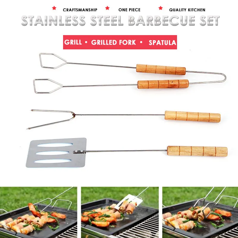 Barbecue Accessories BBQ Tools Outdoors Camp Picnic Silver BBQ Kit Shovel Grill Brush Roast Fork Cooking