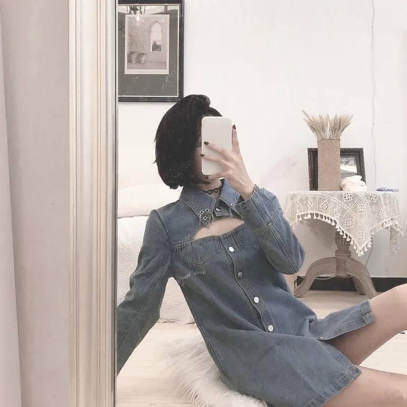 WHITNEY WANG осеннее модное уличная сексуальное открытое джинсовое платье женское шикарное джинсовое платье
