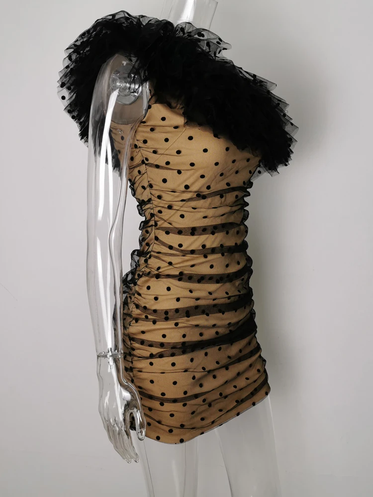 JillPeri женское расклешенное платье на одно плечо без рукавов в горошек пикантная Клубная одежда с рюшами Вечерние мини-платья знаменитостей