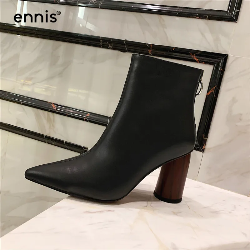 ENNIS Autumn Winter Women High Heel Boots Genuine Leather Pointed Boots Black Beige Designer Ankle Boots Ladies Shoes A9166