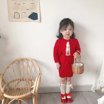 

Baby Girl Spanish Clothes infant Knitted Jacket Toddler Preppy Style Clothing Set Kids Cardigan + Suspender Dress