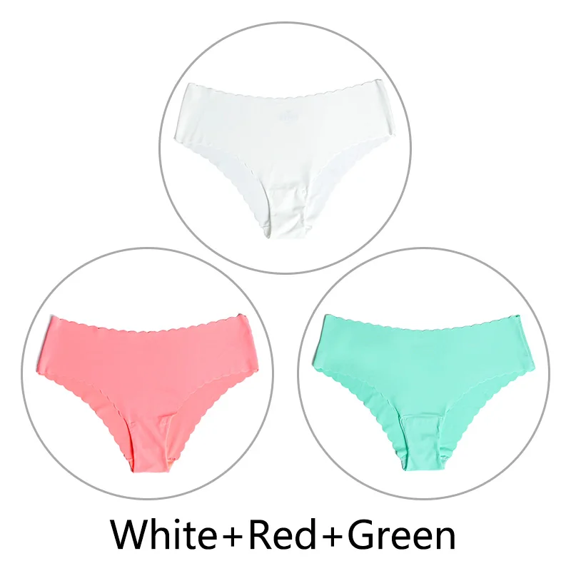 3 шт./партия, кружевные бесшовные трусики, шелковые однотонные сексуальные трусы, женское нижнее белье, ультра-тонкое нижнее белье с низкой посадкой, XS-L, американский размер - Цвет: White Red Green