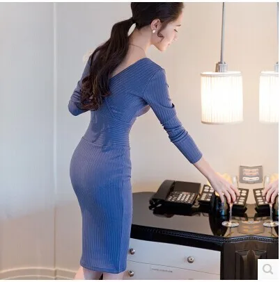 

2018 Autumn Clothing Korean-style New Style WOMEN'S Dress Sexy V-neck Knit Skirt Slim Fit Slimming Women's Base Dress
