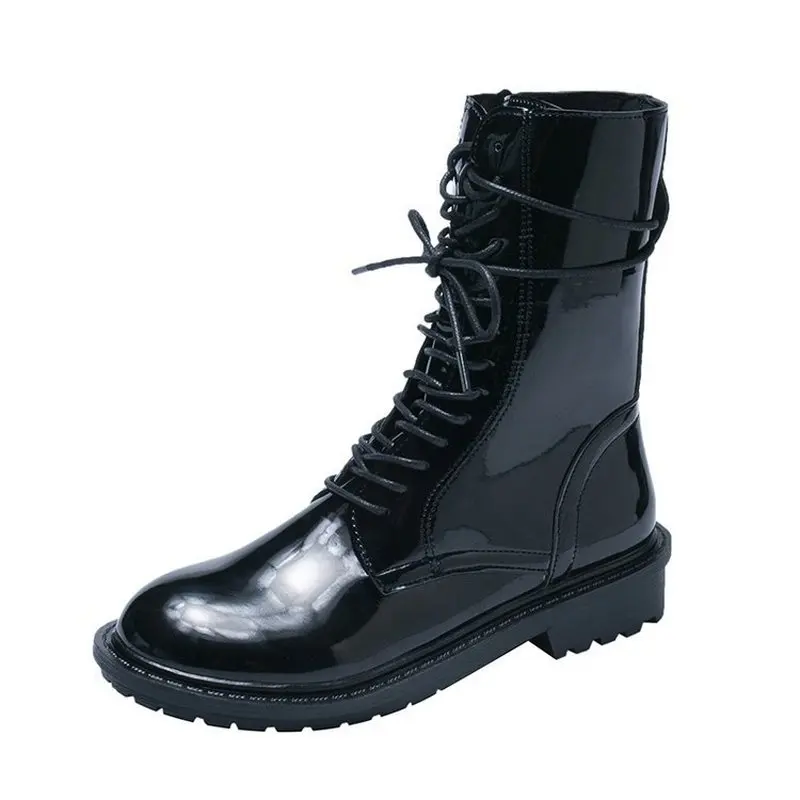 

freeshipping 2019 Spring Autumn new women shoes Solid middle tube thick heel side zipper lacing fashion wild trend Martin boots