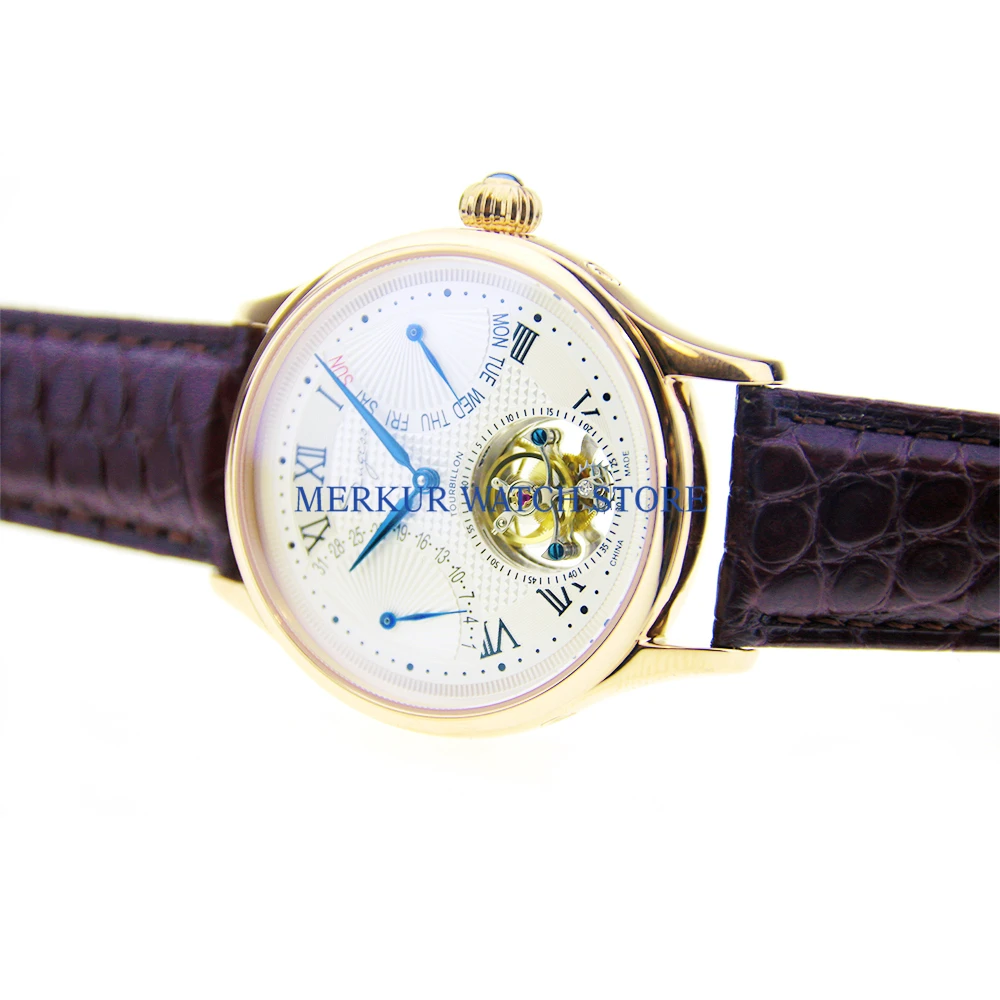 

Sugess Mens Watch Flying Mechanical Seagull ST8004 Tourbillon Movement Day Date Skelenton Luxury