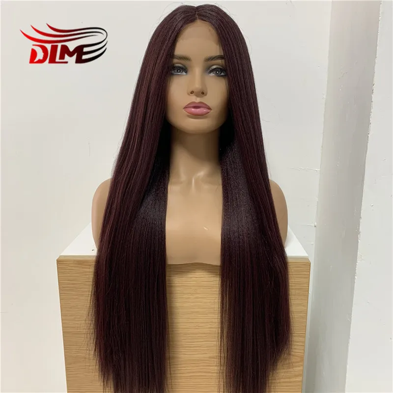 

DLME Red Ombre Synthetic Lace Front Wigs Long Yaki Straight Middle Part Lace Wig Glueless Heat Resistant Fiber Lace Wigs