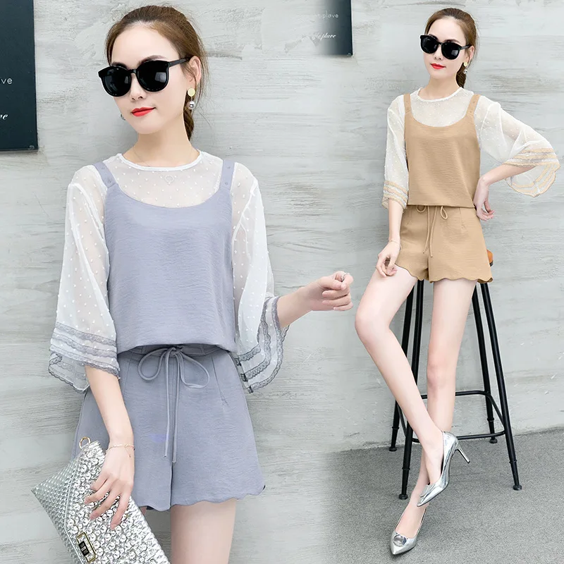 

2017 Summer New Style Korean-style Fashion Chiffon Shirt Tops + Camisole Vest Suit WOMEN'S Shorts Three-piece Set