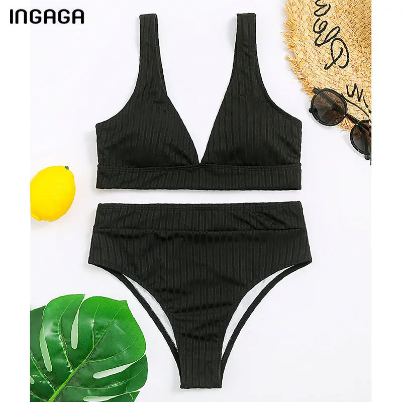 Бикини женское однотонное с V-образным вырезом и высокой талией ...