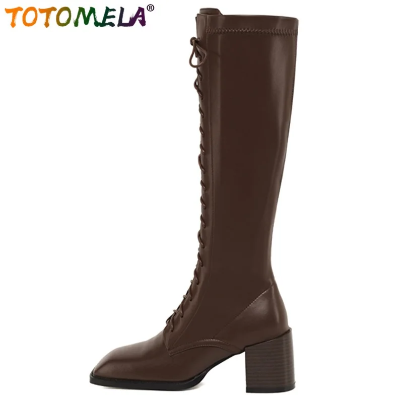 

TOTOMELA New Arrive Hand Made Knee High Boots Fashion Ladies Shoes Popular Zipper Cross Tied Cow Leather Women Winter Boots