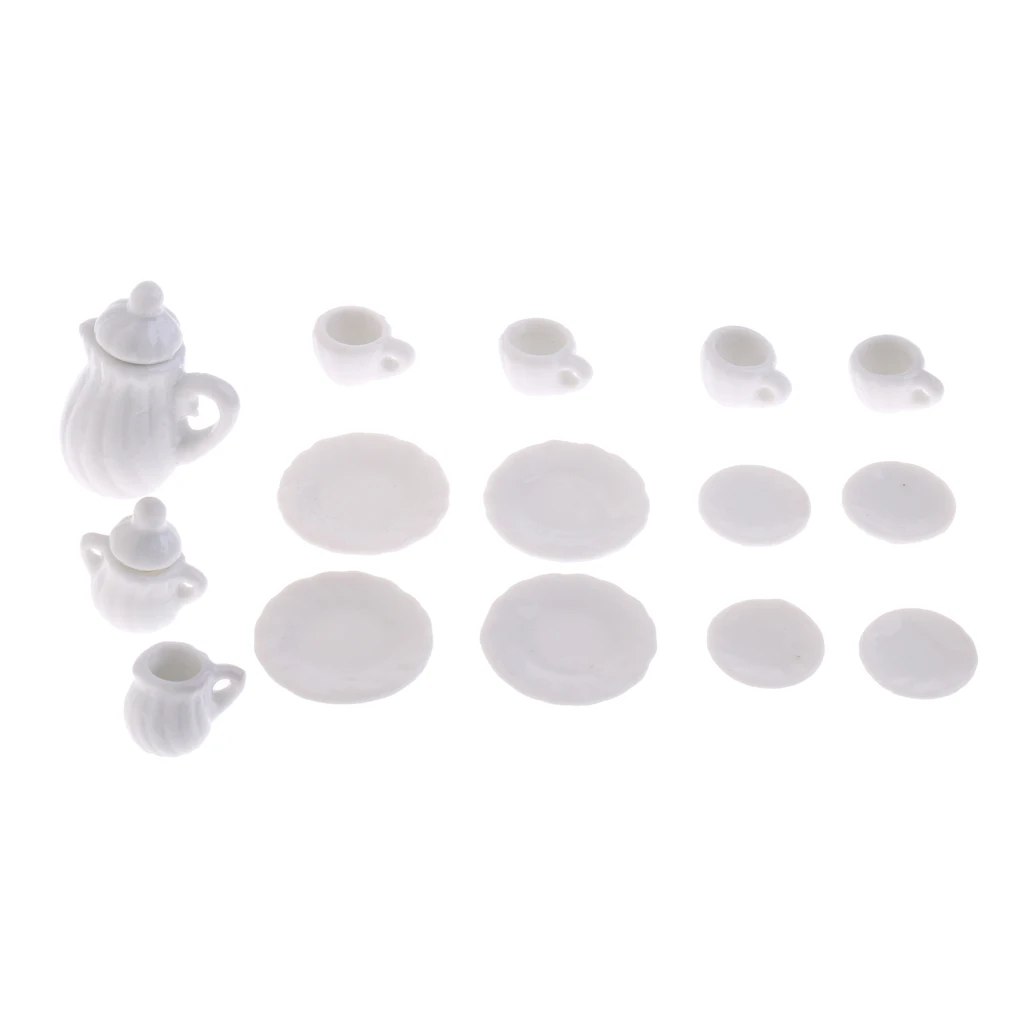 Miniature 15pcs White Ceramic China Tea Set Pot Cup Plate For 1/12 Dollhouse