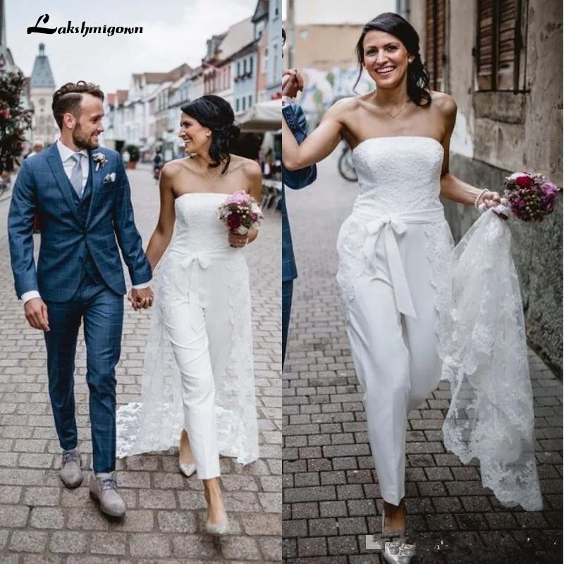 2020 Boho elegante abito da sposa senza spalline tuta con gonna staccabile  lunghezza del pavimento in pizzo Appliqued abito da sposa da spiaggia  economico|Wedding Dresses| - AliExpress