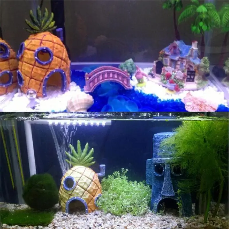 Аквариумный Декор для аквариума с изображением Губки Боба и сквидворда, ананаса, Мультяшные домашние украшения, аксессуары для аквариума, ананас