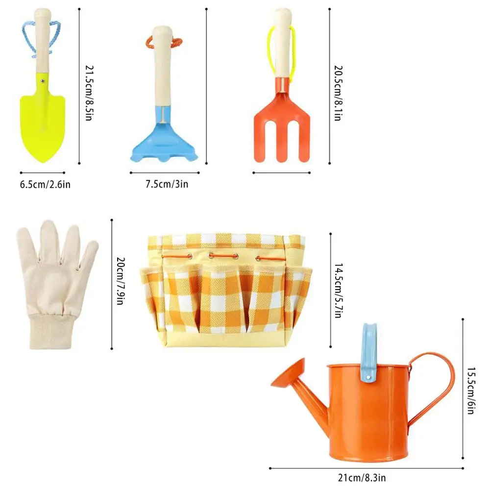 6pcs Kids Gardening Plant Tool Set Bag Gloves Watering Can Rake Fork Plastic