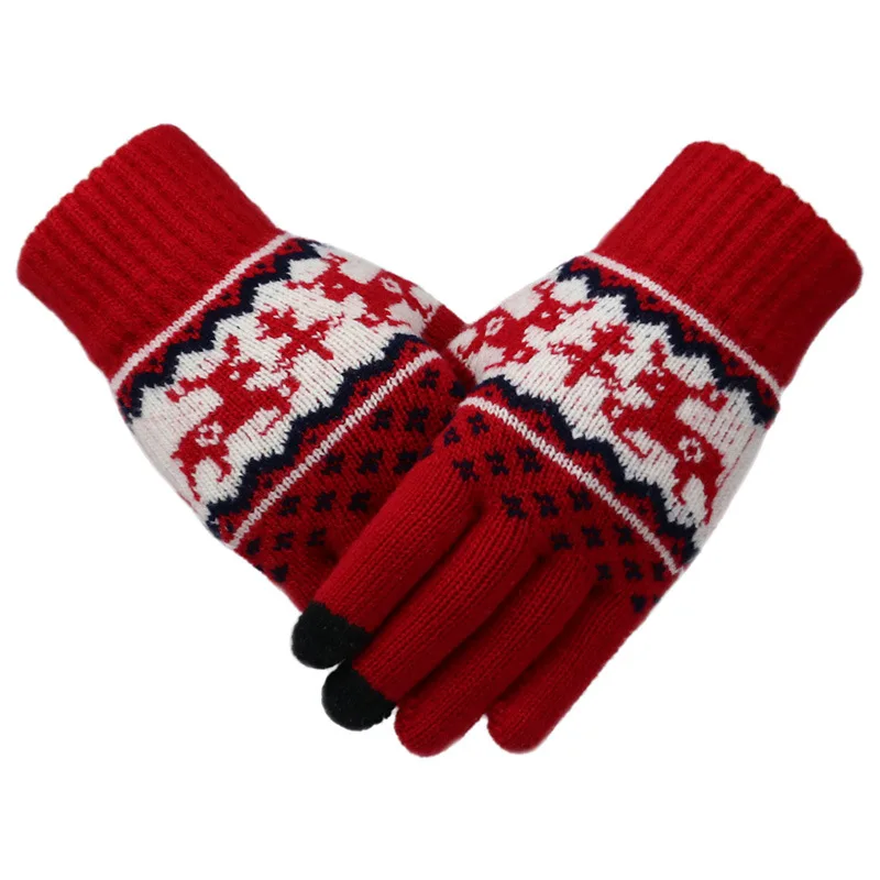 Зимние перчатки для взрослых, шерстяные, с оленем, рождественские, вязаные, с сенсорным экраном, с защитой от холода, плюс бархатные, теплые, велосипедные перчатки унисекс - Цвет: Красный