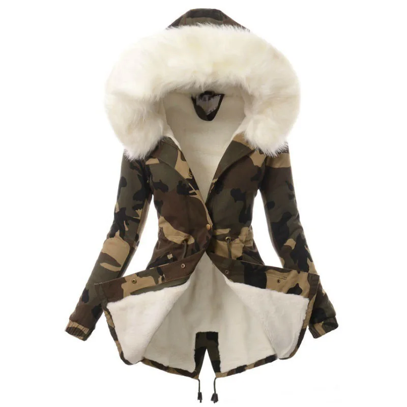 long puffer 2021 New Plush Camouflage Parker Parka Fashion Adjustable Waist Fur Collar Winter Jacket Women Longsleeve Hooded Parka Coat petite long puffer coat Coats & Jackets