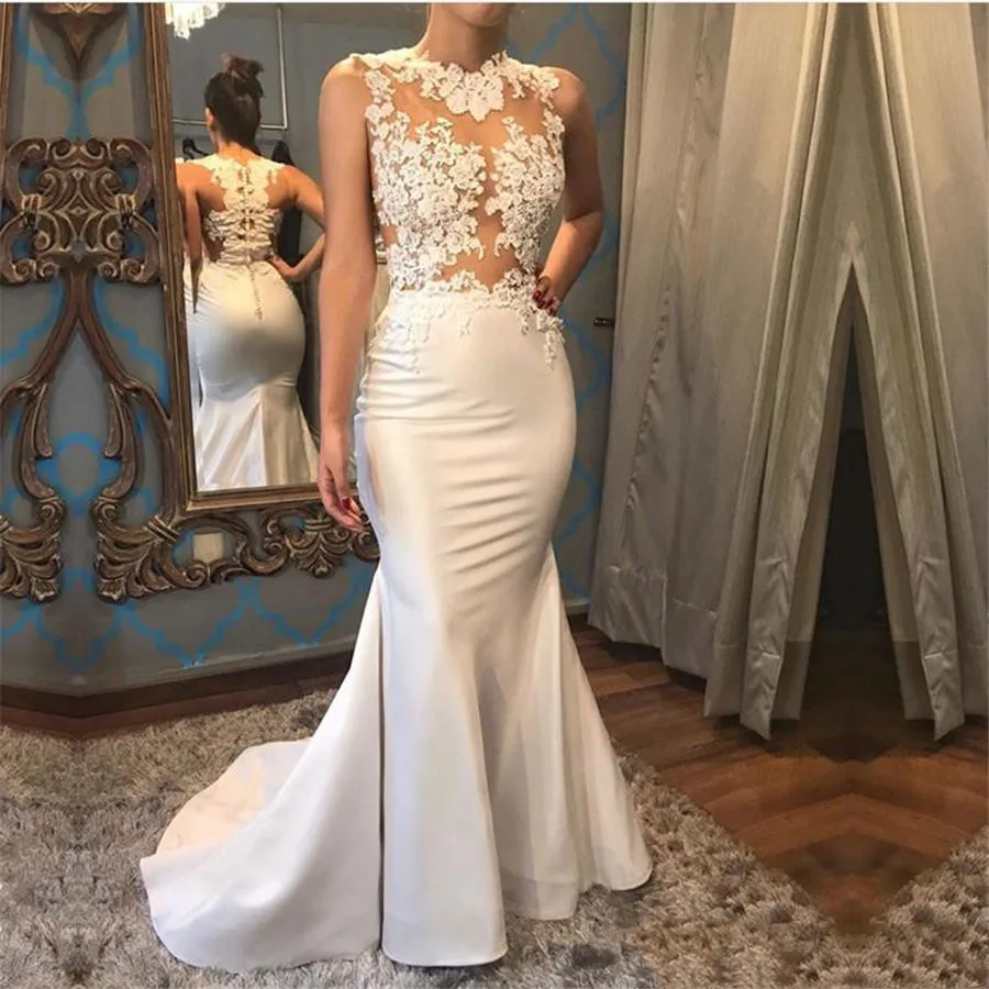 Best Price Elegant White Satin Mermaid See Through Prom Dress Kant Applicaties Mouwloze Avondjurken vestidos de noivas sexy