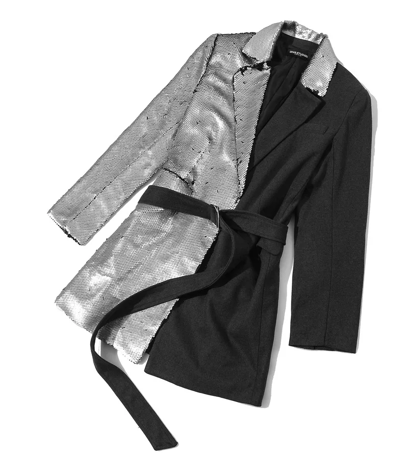

2020a/W High Street New Style Two-Tone Sequin Cool Stitching Suit Collar Mid-Length Suit Jacket Qd921