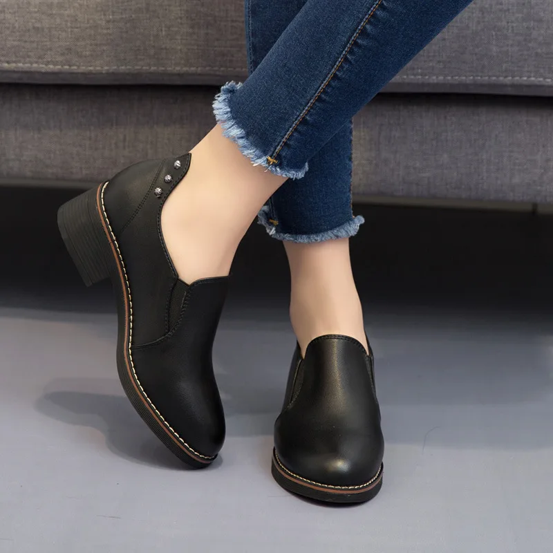 

Leisure Basic Pumps for Women Slip-on Round Toe Square Heel Ladies Pumps Med Casual Spring Female Single Shoes