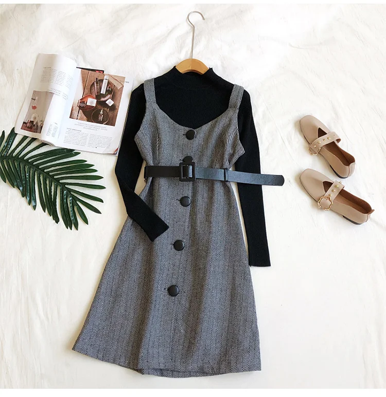 Винтажное женское платье, Осень-зима, брендовый стильный комплект из двух предметов, вязаный свитер, топ и шерстяное клетчатое платье, женское элегантное платье для работы