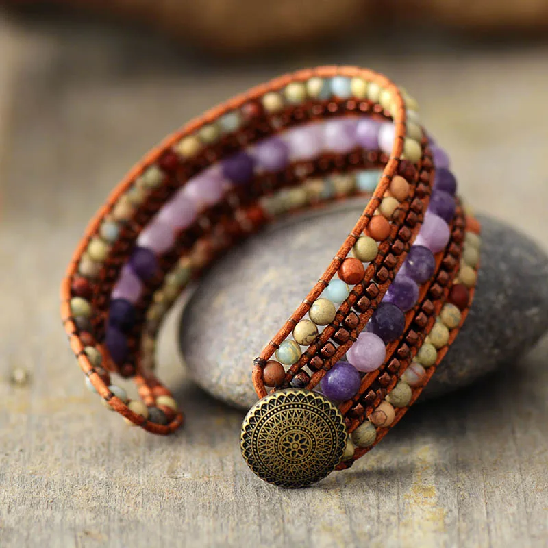 Top Handmade Multi Row Leather Wrap Bracelet Vintage Seed Beads Natural Stone Weaving Cuff Bangles Bracelets Bohemian Jewelry