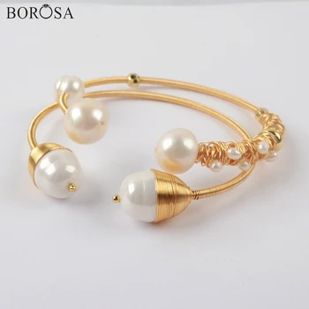 

Gold Color Bangle Pearl Cuff Bracelet Adjustable Wire Wrap Natural Pearl Bangles Pearl Cuff Bracelet Gifts for Women WX1279
