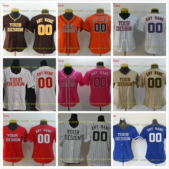 

Customize Baseball Jerseys Embroidered Stitched Team Logo Name Number Uniform Button Shirt Women Stripe Blue White Red Pink Grey