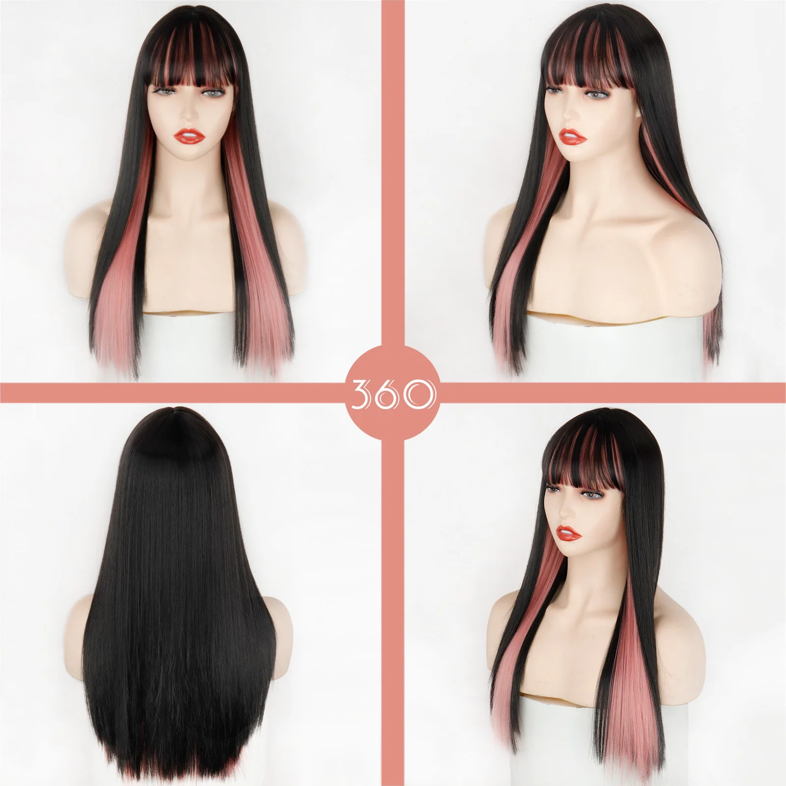 Synthetic Hair Pink and Black Wig Two layers of Wigs Long Straight hair Cosplay Wig Two Tone Ombre Color Women Wigs Lolita Wig