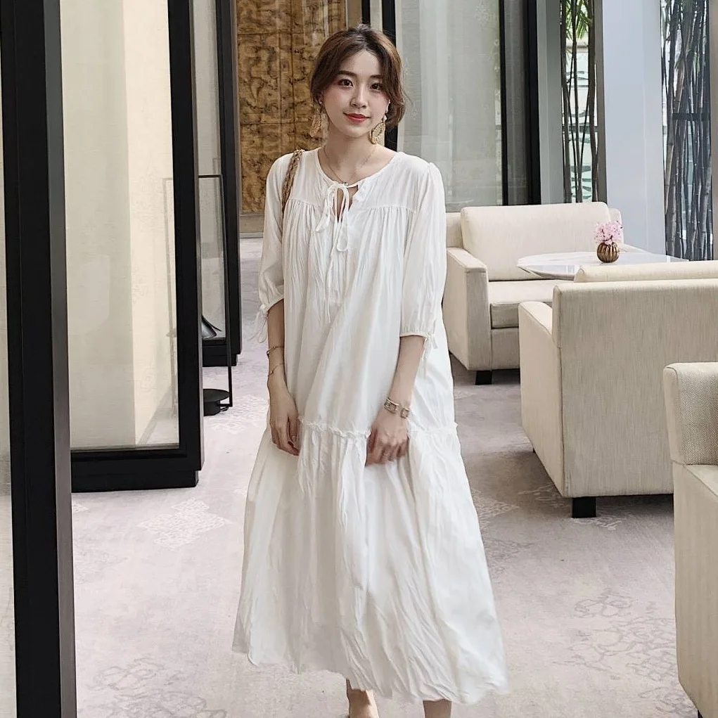 

Photo Shoot Korean-Style INS Sweet White Mid-length GIRL'S Dress Crew Neck Lace-up Creased Loose-Fit Splicing Dress Women's