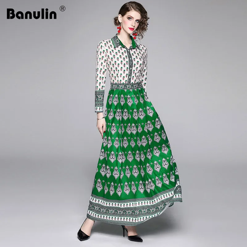 

Banulin 2019 Summer Autumn High Quality Runway Casual Boho Maxi Dress Women Long sleeve Floral print Big Swing Beach Long Dress