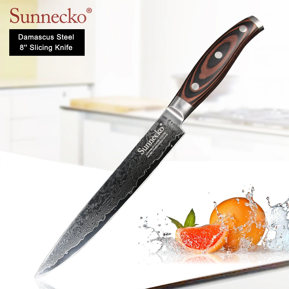 Günstig SUNNECKO Damaskus Chef Slicing Utility Schäl Brot Santoku Messer Japanischen VG10 Stahl Klinge Küche Messer Pakka Holz Griff