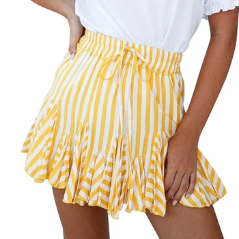 

Stripe Floral Print Ruffles Skirts Women 2020 Summer Casual High Waist Lace Up Mini Skirt Lady Beach Holiday A-Line Swing Skirts