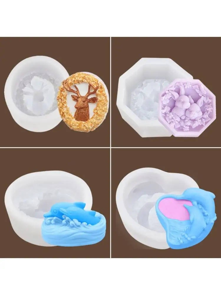 

4Pcs DIY Silicone Soap Molds Deer Rabbit Dolphin Design Soap Moulds Soap Making E8BD
