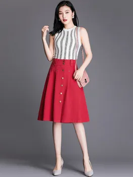 

2020 Spring Summer Female A-line Single-breast Midi Skirt Denim Slim Solid Color Jeans Jupe Elegant Lady Office Clothes Women's