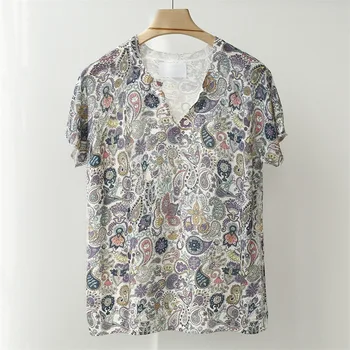 

Women Shirt Loose Casual Hole Literary Colorful Floral Linen V-neck Button Thin Sweater