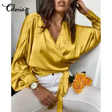 

2021 Autumn Satin Cross V Neck Blouses Celmia Elegant Long Bat Sleeve Fashion Wrap Shirts Haut Style Bandage Waisted Women Tops