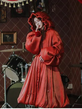 

Original Design AIGYPTOS Winter Women Lolita Style Big Hat Petal Sleeve Red Long Puffer Coat Lady Sweet Warm Hooded Down Jacket
