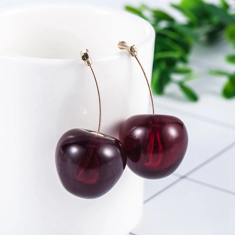 Women Girls Resin Cute Round Dangle Red Cherry Fruit Earrings Jewelry Gift